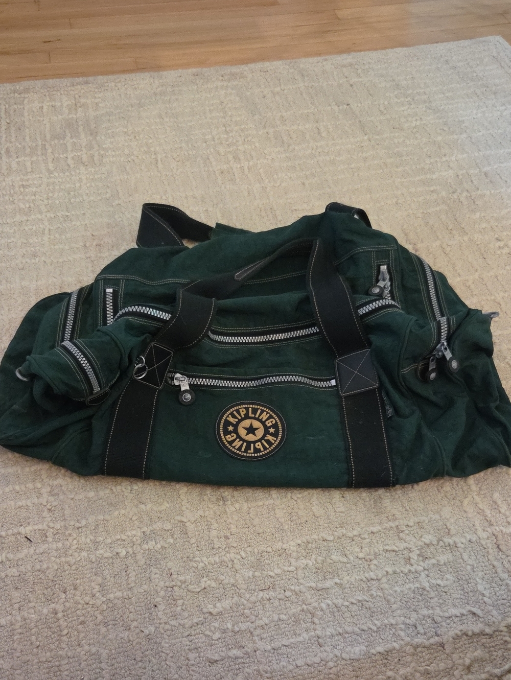 Kipling Dark Green Canvas Duffel Bag with Black Straps, Large